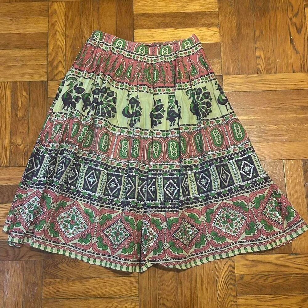 Women's Vintage Ethnic Full Skirt Elephants Sequins India Cotton S a..